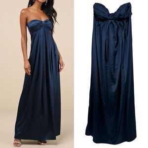 Lulus Women Memorable Entrance Navy Blue Strapless Satin Maxi Dress Size XL